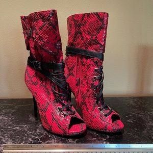 Dollhouse Size 8 Red Faux Snakeskin Open Toe Lace Up boots
